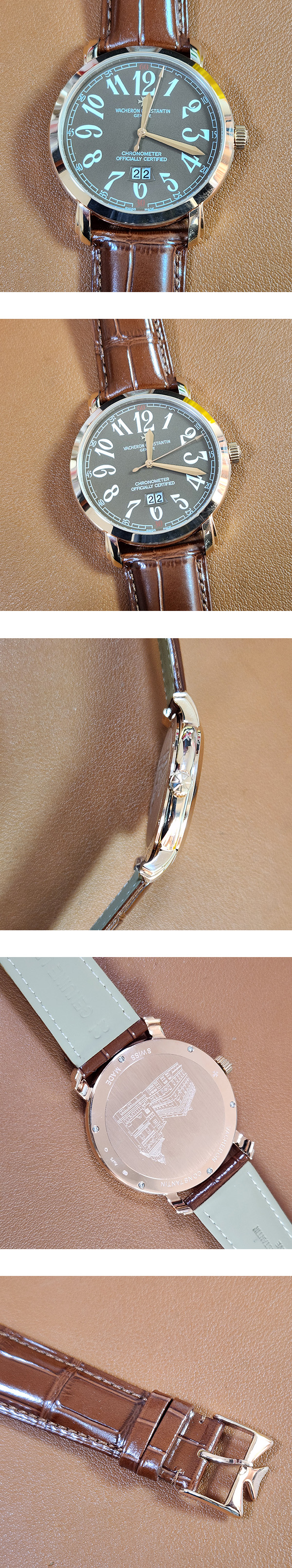 【AA製·革バンド】最安値のVacheron Constantinコピー時計 Quartz movement ブラウンダイヤル 日付表示 